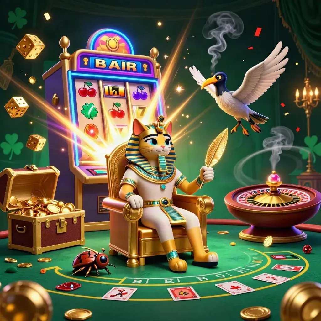Pharaoh cat, ibis scribe, and gem-wing scarabs amid casino magic and jackpot burst