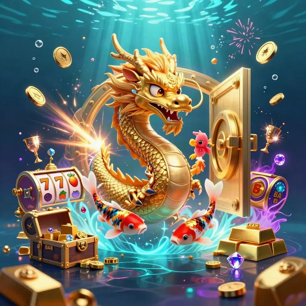 Golden dragon, phoenix, koi, and exploding vault in neon underwater casino glow.