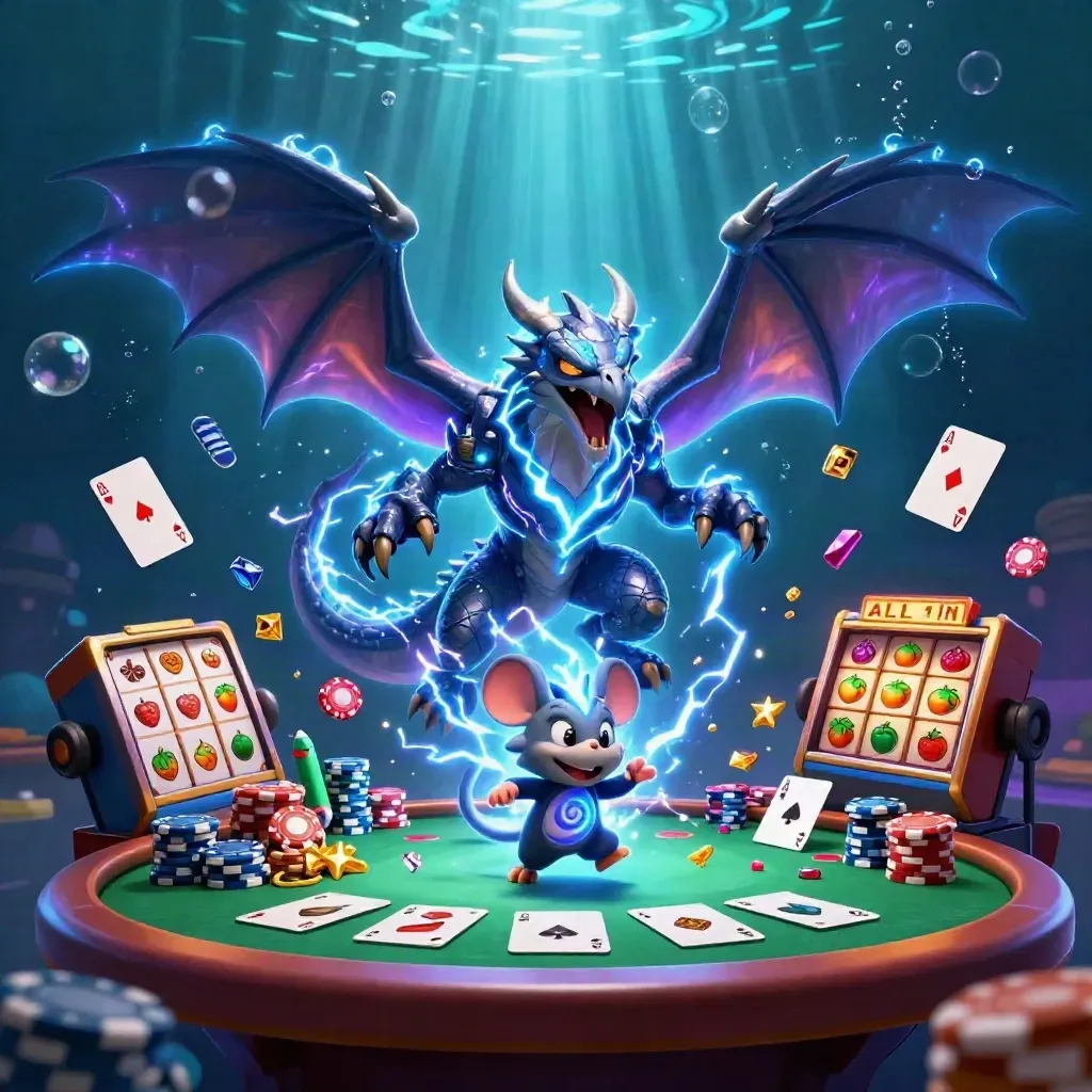 Thunder dragon, hawk, and static mouse amid casino chips, cards, reels, and blue underwater lightning