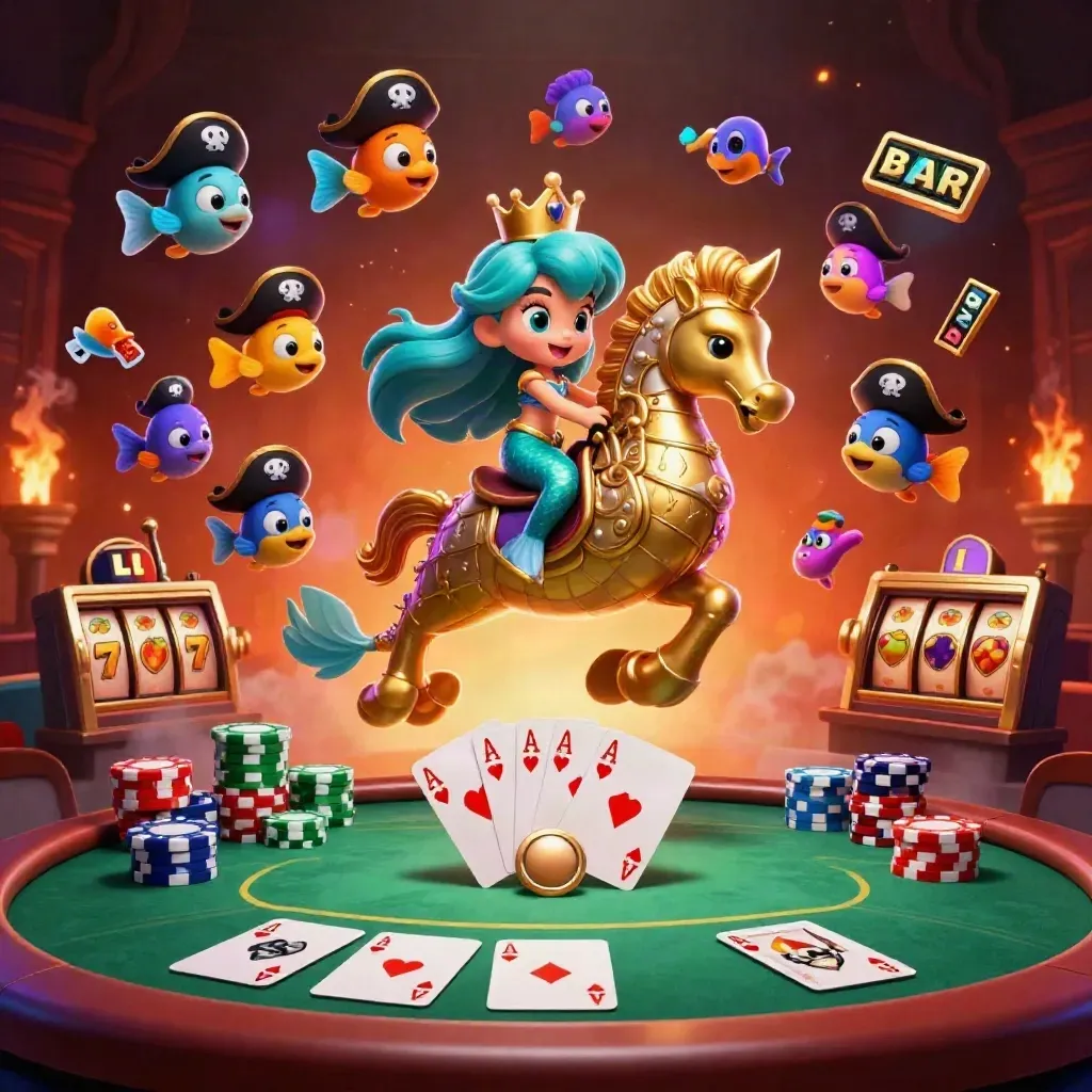 Mermaid princess rides armored seahorse amid casino chips, cards, reels, embers, and glowing sci-fi lighting.