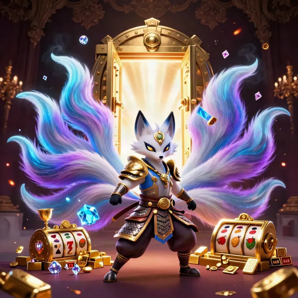 Neon nine-tailed fox spirit and armored samurai mouse amid vault gold and casino reels