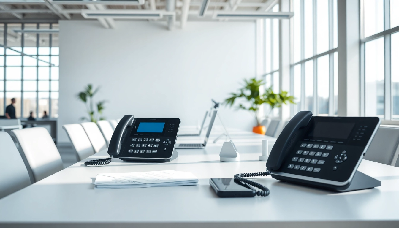 Showcase professional small business phone service setup in an office with modern phones.